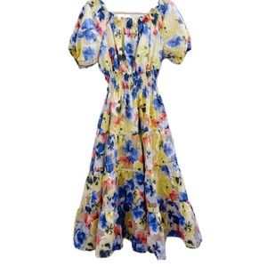 BGL Linen Blend Puff Sleeve Maxi Dress in Yellow and Blue Floral